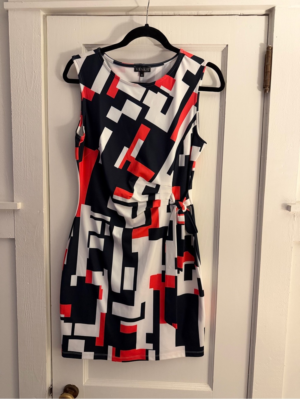 VENUS Black, White & Red Geometric Tie-Waist Sleeveless Dress